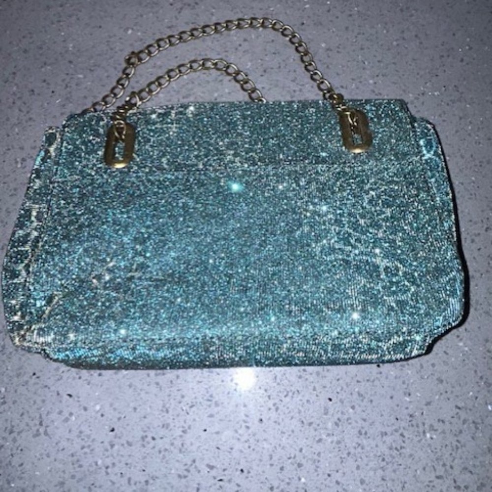 FLYING TOMATO ANTHROPOLOGIE Teal Shiny Sparkly Shoulder Bag Purse Cute! - Picture 6 of 8